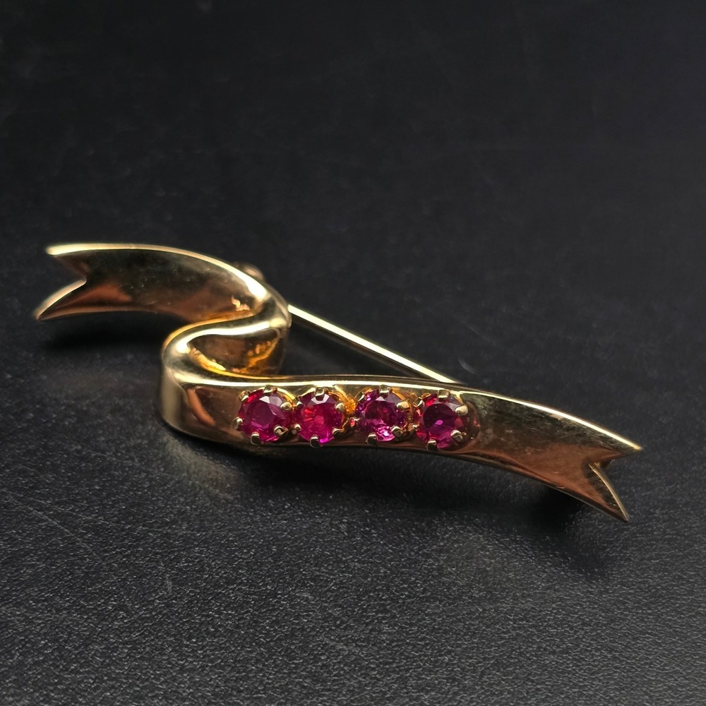 Avon Gold Tone Ribbon Brooch Pink Rhinestones Presidents Club Vintage